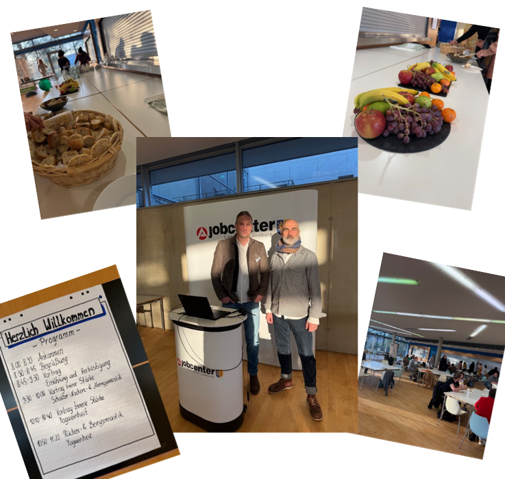 Eine Kollage von fünf Fotos vom Gesundheitstag im Jobcenter. Die einzelnen Bilder zeigen das Programm, das Buffet mit Obst und Brot, sowie zwei stehende Personen hinter einem Pult mit Laptop und an Tischen zusammen sitzende, sich unterhaltende Personen.